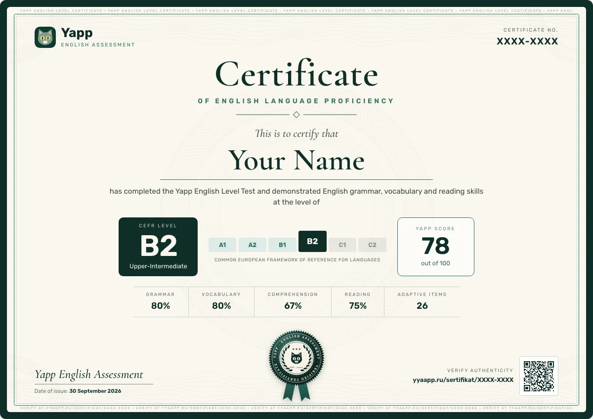 Пример сертификата Yapp: уровень B2, Yapp Score 78 из 100