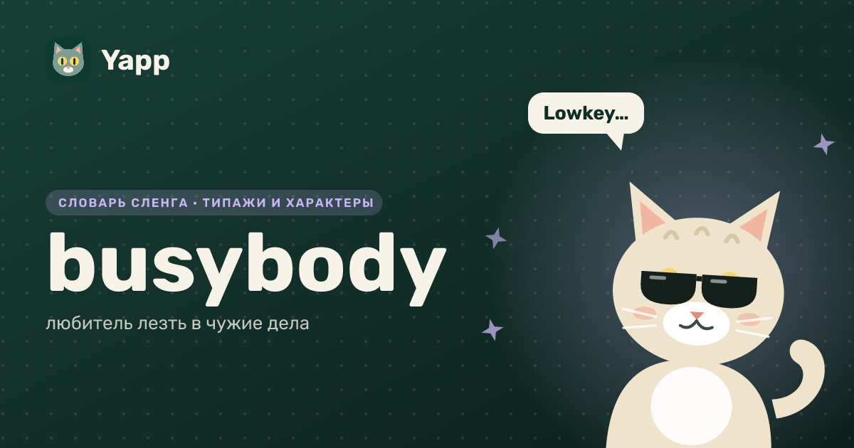 busybody — любитель лезть в чужие дела: карточка из словаря английского сленга