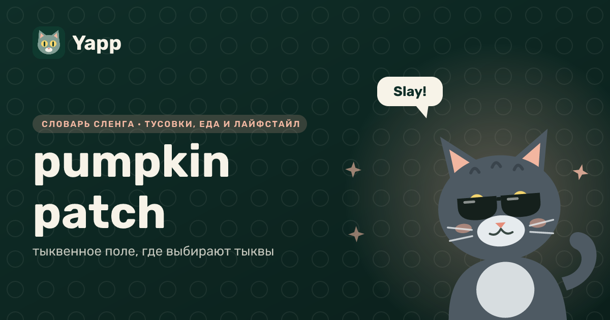 pumpkin patch — тыквенное поле, где выбирают тыквы: карточка из словаря английского сленга