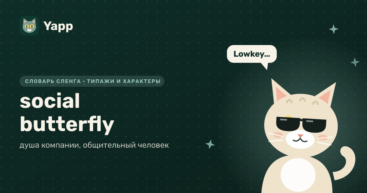 social butterfly — душа компании, общительный человек: карточка из словаря английского сленга